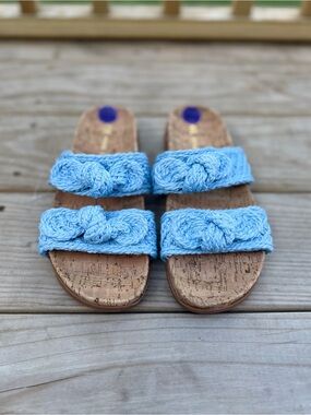 Anne Klein Light Blue Knitted Cork Slide Sandals